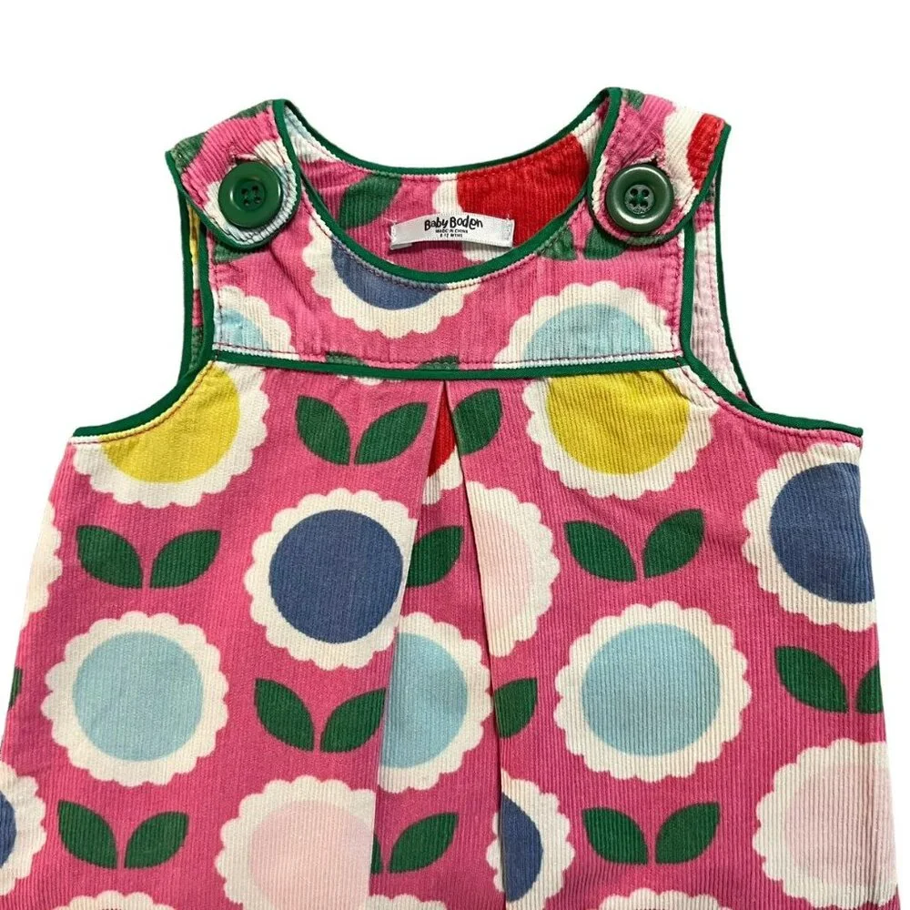 Baby Boden 6-12m Pink Retro Floral Corduroy Pinnie Dress